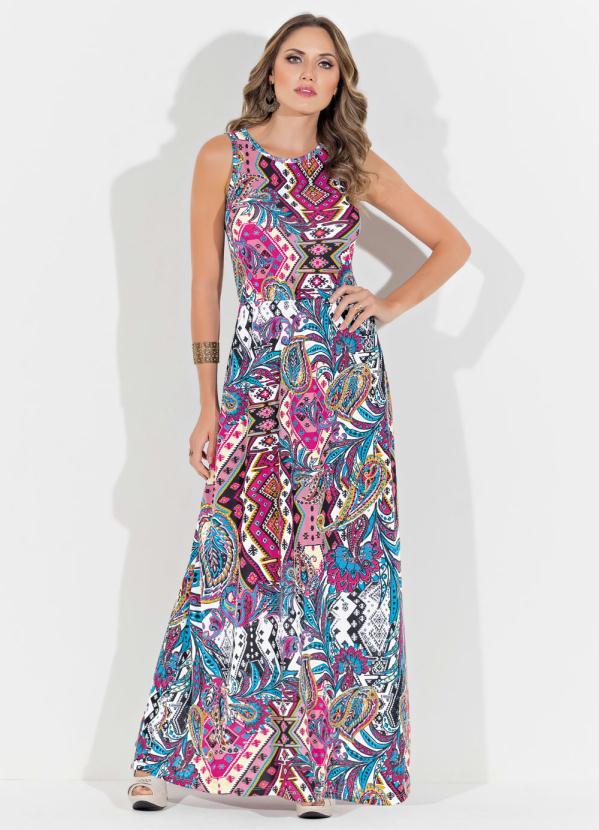 Moda Pop - Vestido Longo Estampado com Elástico na Cintura 4
