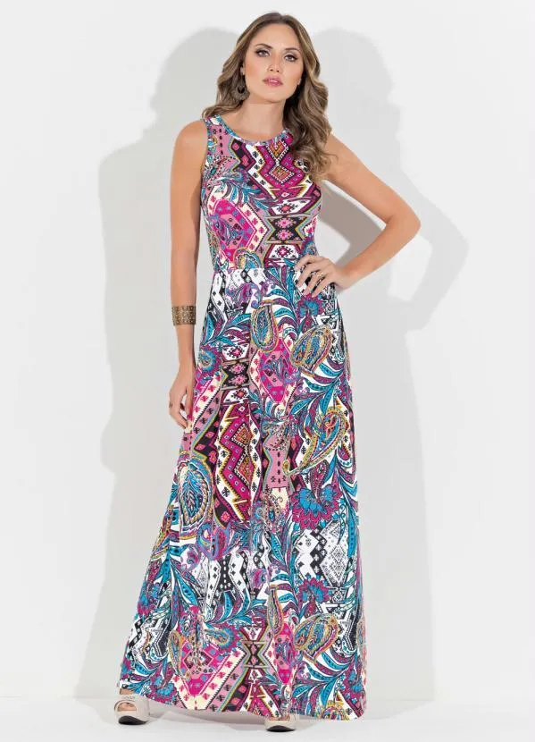 Moda Pop - Vestido Longo Estampado com Elástico na Cintura 4