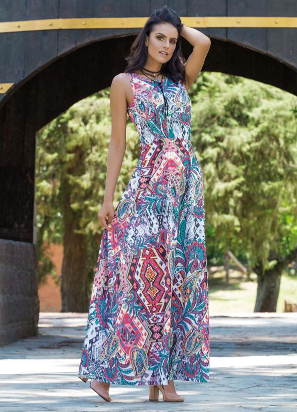 Moda Pop - Vestido Longo Estampado com Elástico na Cintura 5