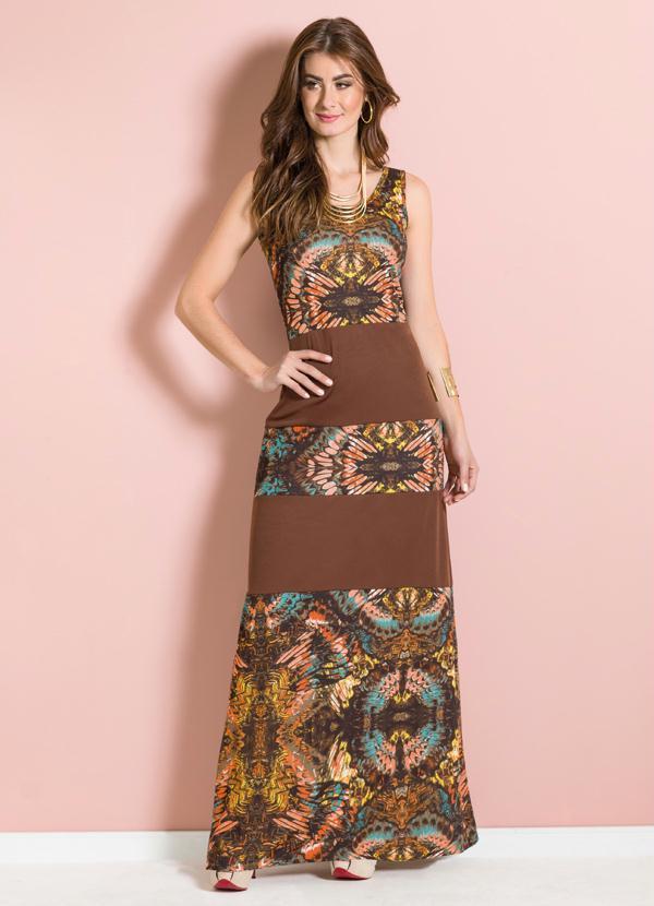 Outlet - Vestido Longo Estampado com Recortes