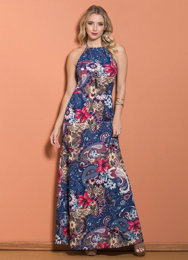 Outlet - Vestido Longo Mix de Estampa Frente Única