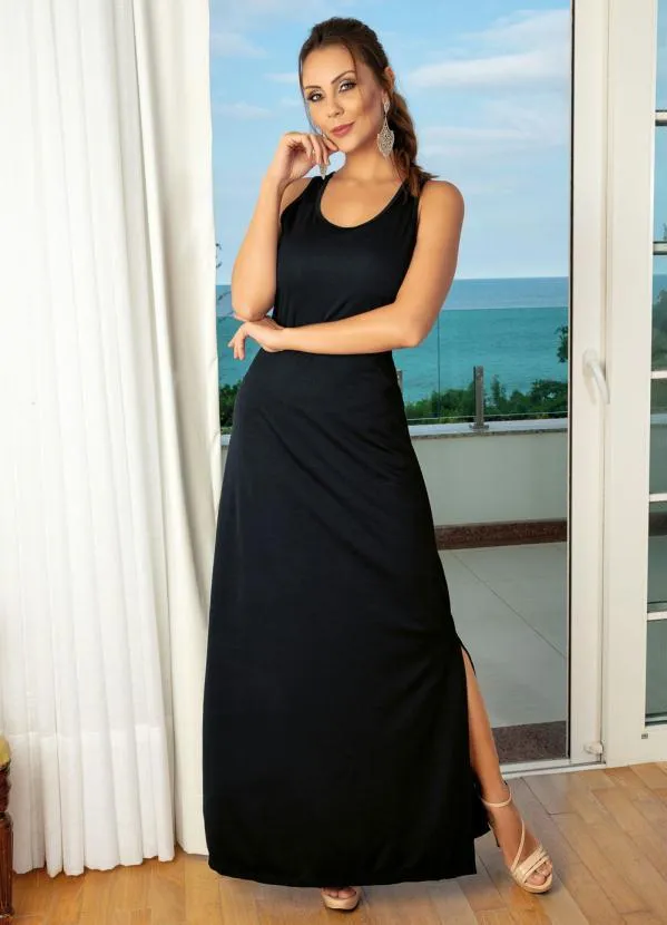 Vestido Longo Preto com Fenda na Lateral Moda Pop