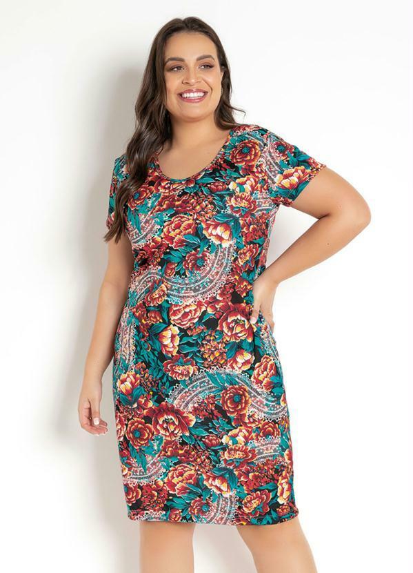 Rosalie - Vestido Decote Redondo Floral e Vermelho