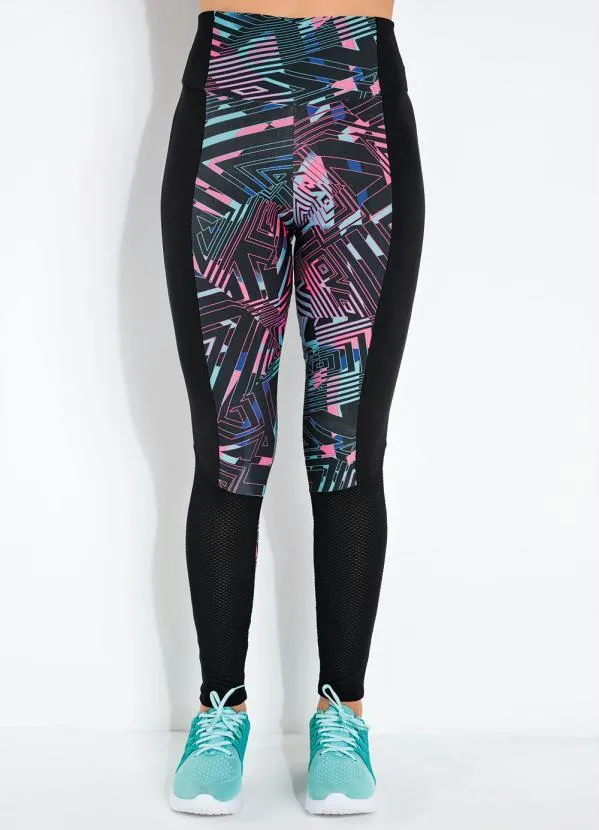 Sawary Fitness - Legging Preto Geométrico Recortes Sawary Fitness