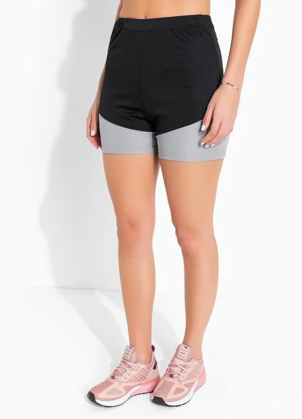 Alma Dolce - Shorts Esportiva Preta/Cinza Cintura Alta