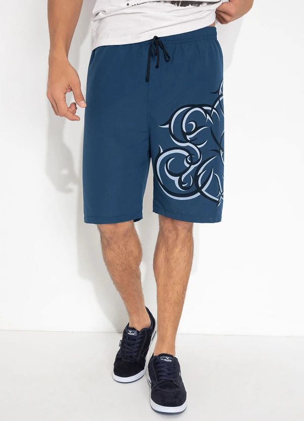 Moda Pop - Bermuda Azul com Estampa Localizada e Cordel