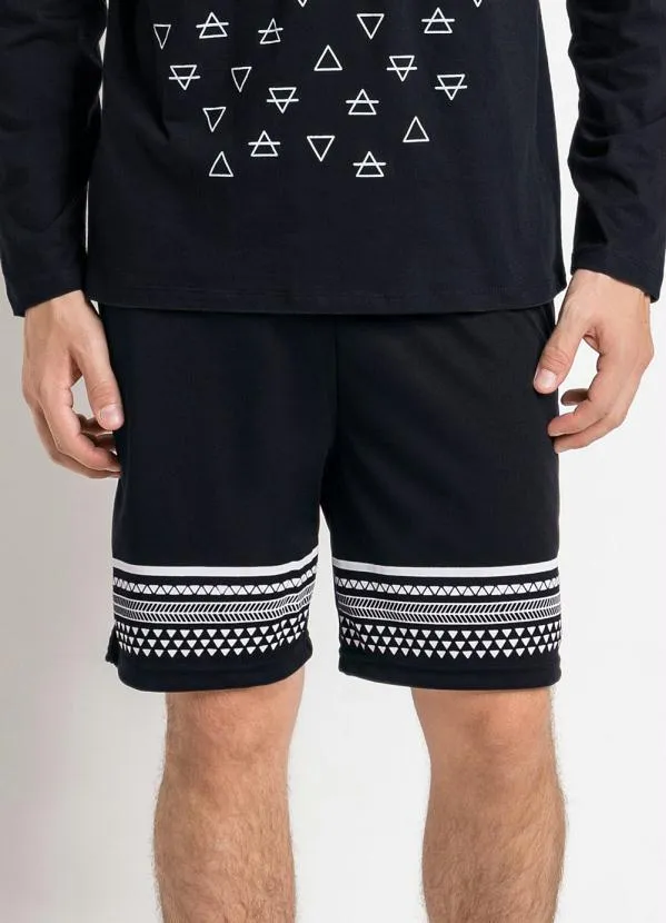 Moda Pop - Bermuda Preta com Estampa e Elástico na Cintura