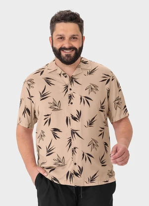Malwee Plus - Camisa Bege Masculina Regular Folhagens - MALWEE PLUS