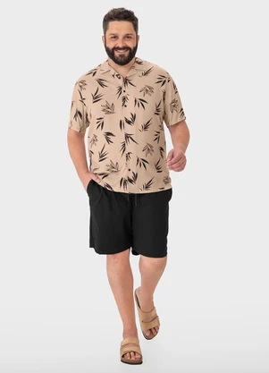 Malwee Plus - Camisa Bege Masculina Regular Folhagens - MALWEE PLUS