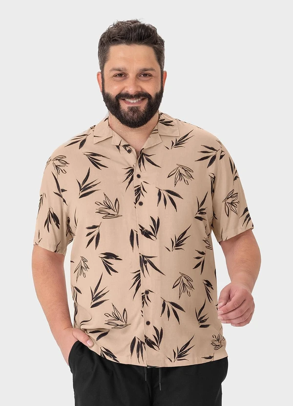 Malwee Plus - Camisa Bege Masculina Regular Folhagens