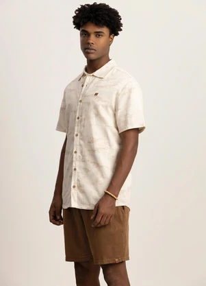 Fico - Camisa de Mangas Curtas Estampada com Linho Bege - FICO