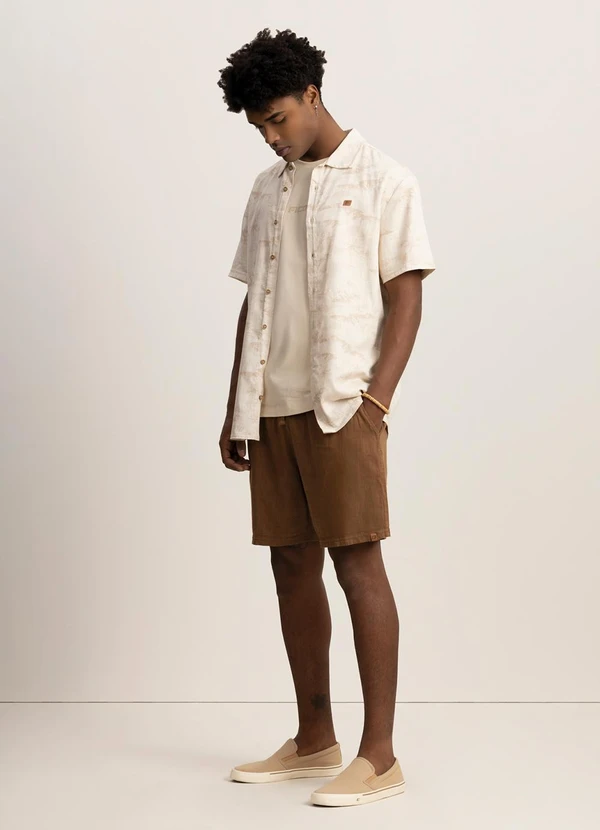 Fico - Camisa de Mangas Curtas Estampada com Linho Bege 2