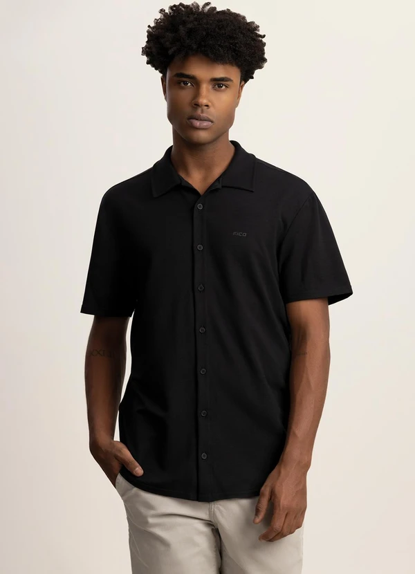 Fico - Camisa de Mangas Curtas Masculina em Malha Preto
