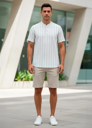 Multimarcas - Camiseta Gola Padre Listrado Bege - MULTIMARCAS