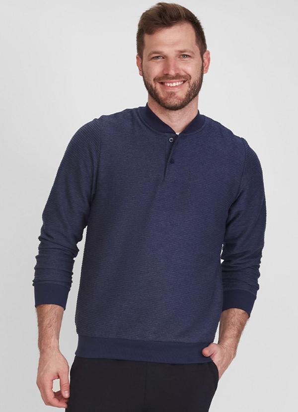 Basicamente - Blusa Henley Texturizada Masculina Azul Marinho