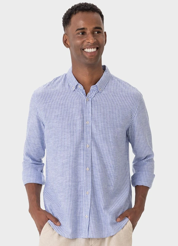 Malwee - Camisa Azul Claro Listrada em Viscolinho