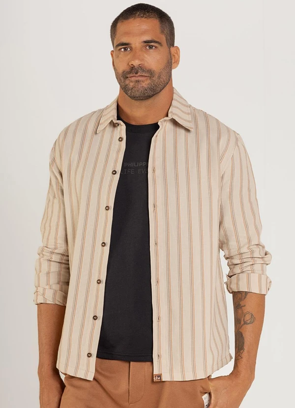 The Philippines - Camisa Masculina Listrada Bege 5