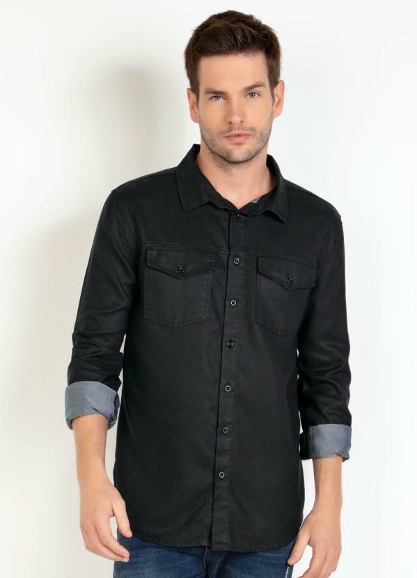 Outlet - Camisa Sarja Preta com Bolsos e Botões 1