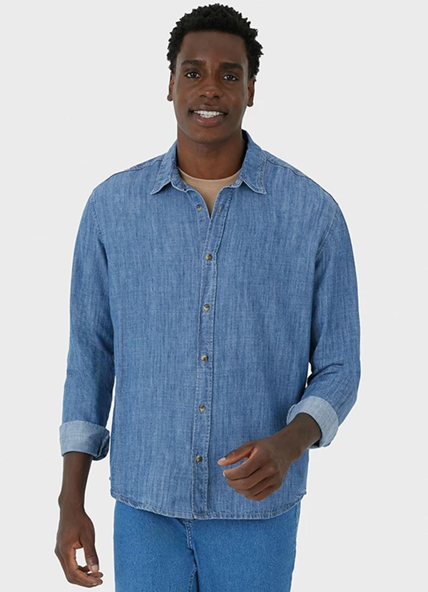 Malwee - Camisa Tradicional em Jeans Leve Azul