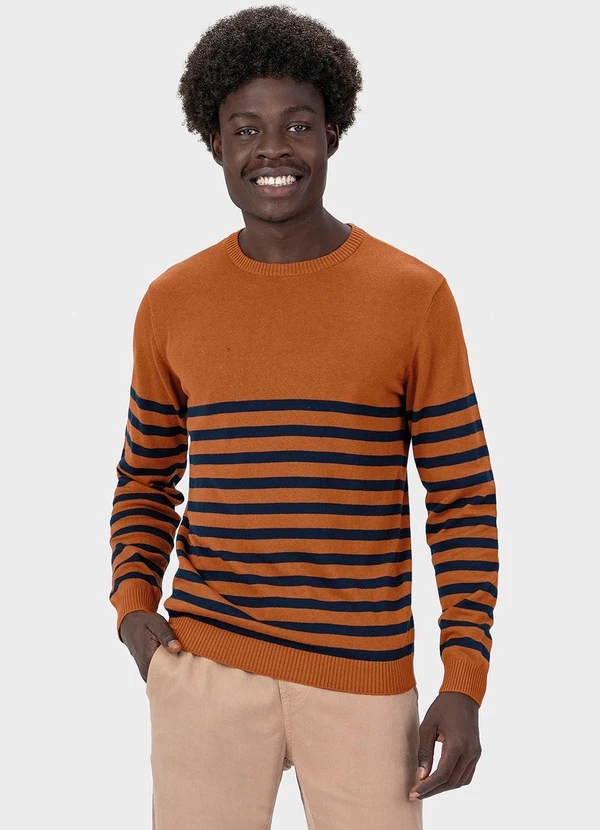 Malwee - Suéter Masculino em Tricô com Listras Marrom