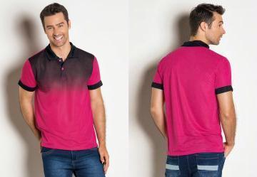 Camisa Polo com Degrad Frontal Rosa e Preta