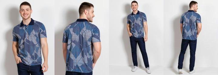 Camisa Polo Geomtrica Azul com Boto Funcional