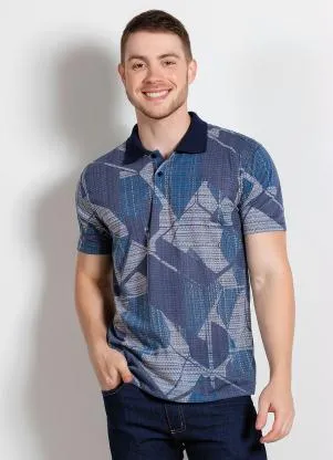 Moda Pop - Camisa Polo Geométrica Azul com Botão Funcional - MODA POP