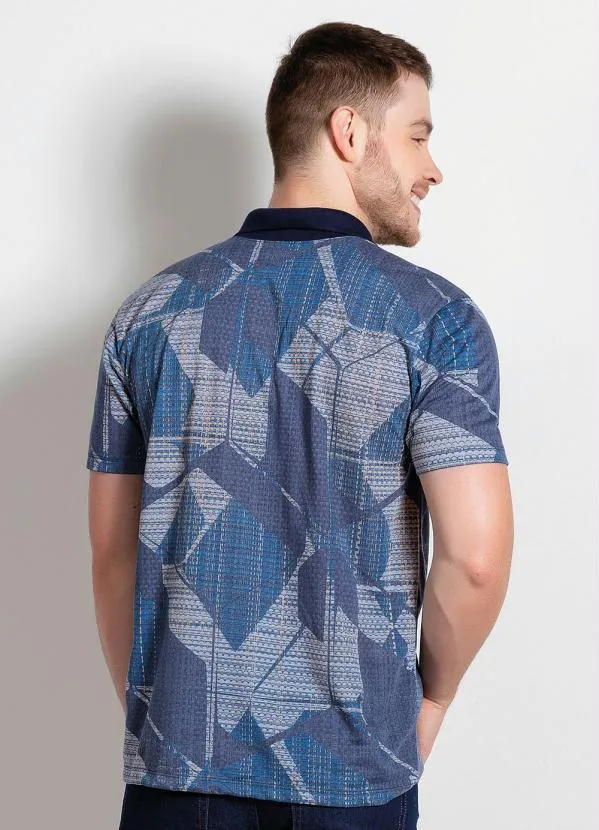 Moda Pop - Camisa Polo Geométrica Azul com Botão Funcional 2