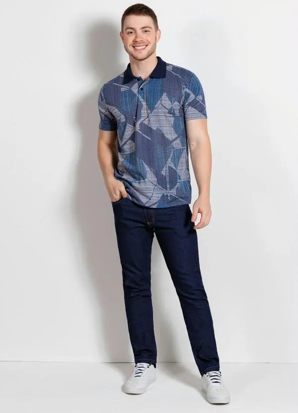 Moda Pop - Camisa Polo Geométrica Azul com Botão Funcional 3