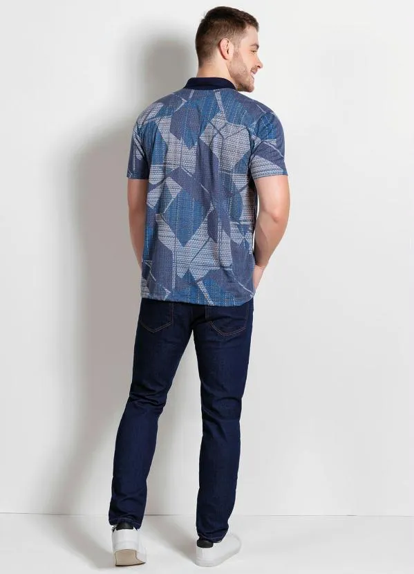 Moda Pop - Camisa Polo Geométrica Azul com Botão Funcional 4