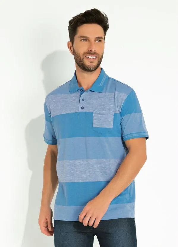 Cia Gota - Camisa Polo Listrada Azul com Bolso Cia Gota
