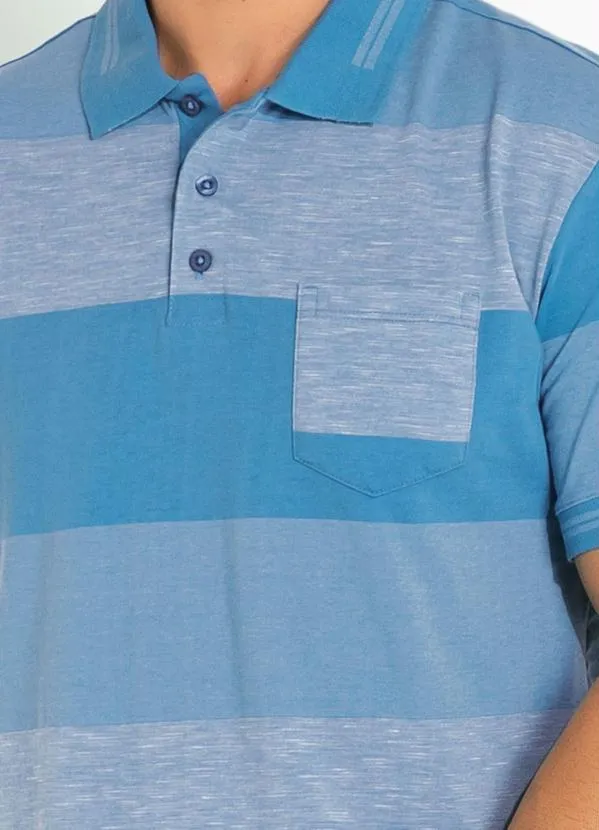 Cia Gota - Camisa Polo Listrada Azul com Bolso Cia Gota 3