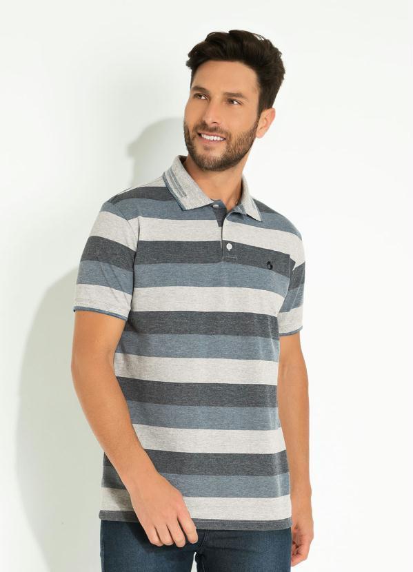 Cia Gota - Camisa Polo Listras Azul com Retilínea Cia Gota