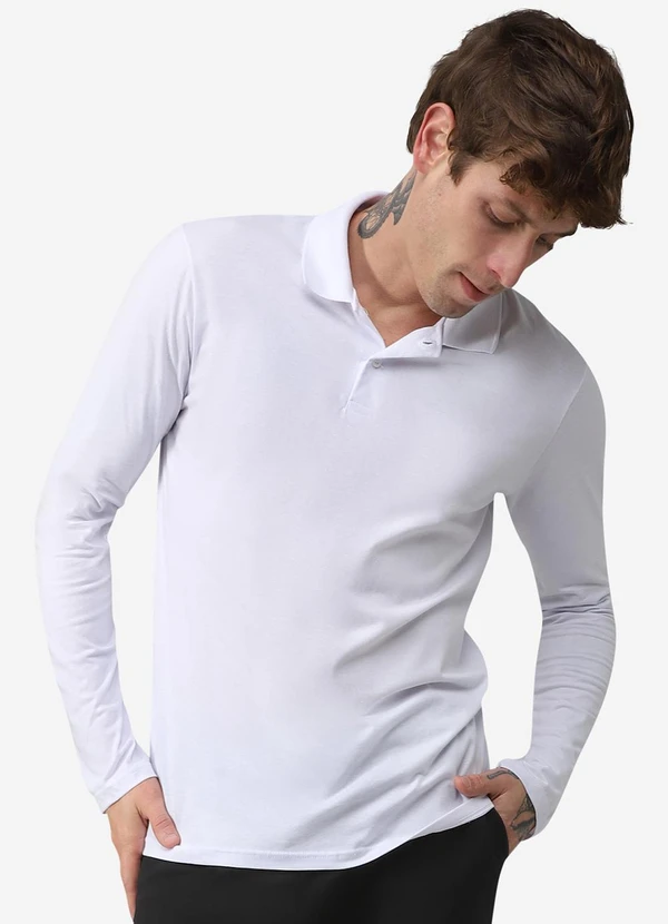 Basicamente - Camisa Polo Manga Longa Masculina Branco