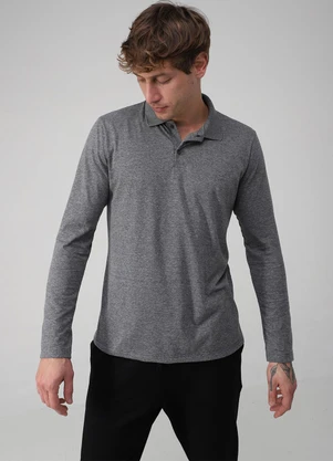 Basicamente - Camisa Polo Manga Longa Masculina Mescla Escuro - BASICAMENTE