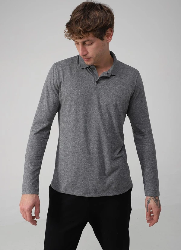 Basicamente - Camisa Polo Manga Longa Masculina Mescla Escuro 2