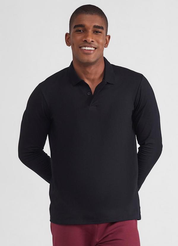 Basicamente - Camisa Polo Manga Longa Masculina Preto