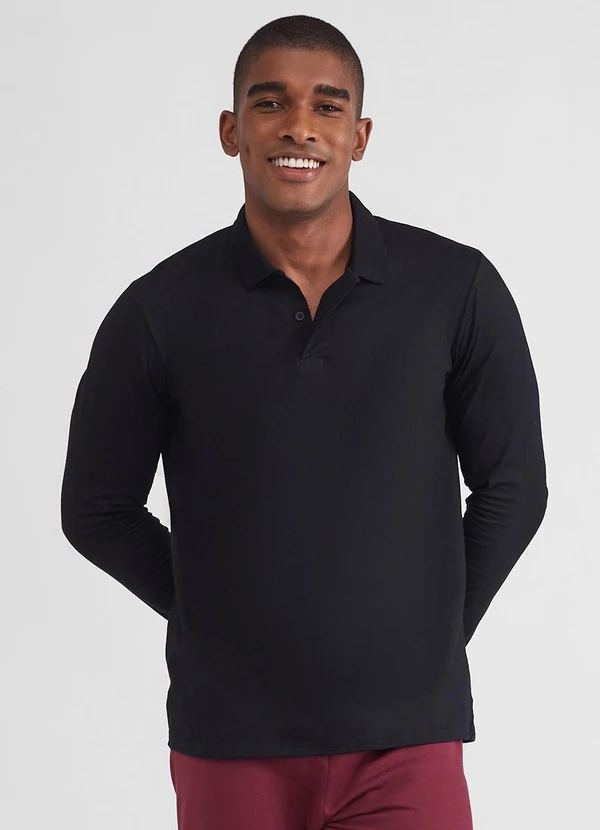 Basicamente - Camisa Polo Manga Longa Masculina Preto