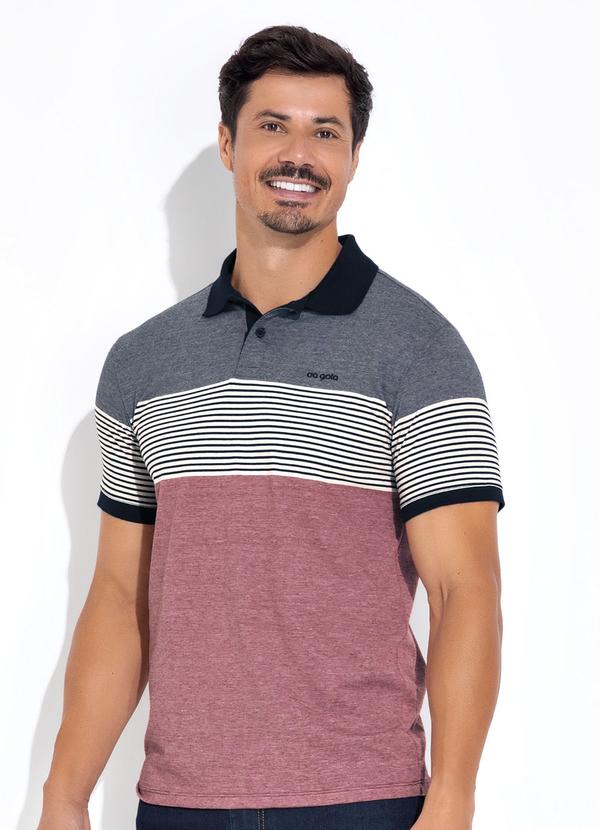 Cia Gota - Camisa Polo Mescla Marinho em Meia Malha Listrad