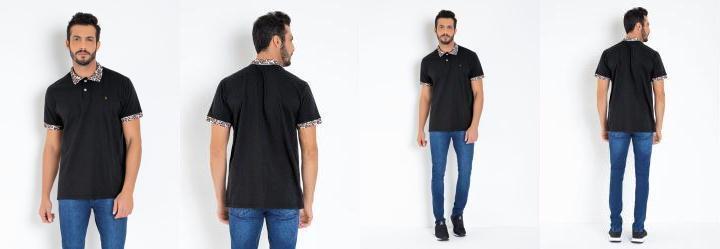 Camisa Polo Preta com Detalhes em Animal Print