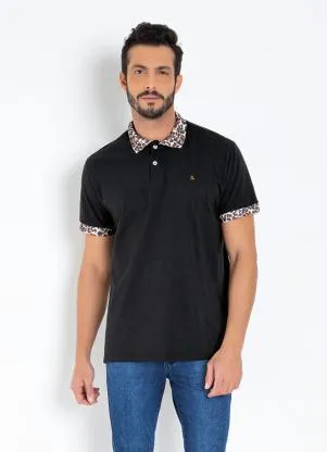 Multimarcas - Camisa Polo Preta com Detalhes em Animal Print - MULTIMARCAS
