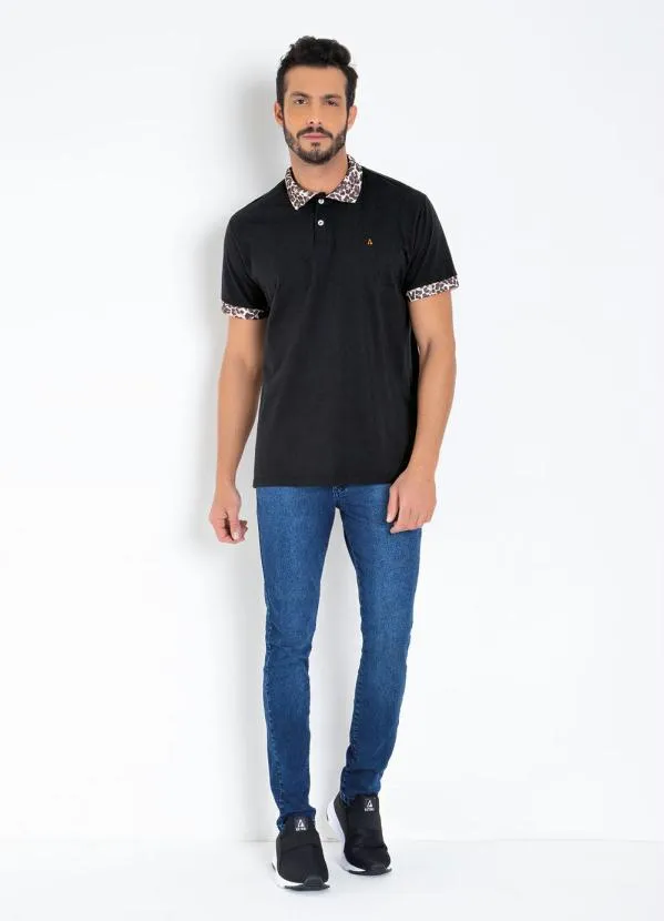 Multimarcas - Camisa Polo Preta com Detalhes em Animal Print 3