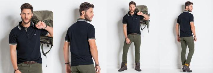 Camisa Polo Preta com Manga e Gola Contrastante