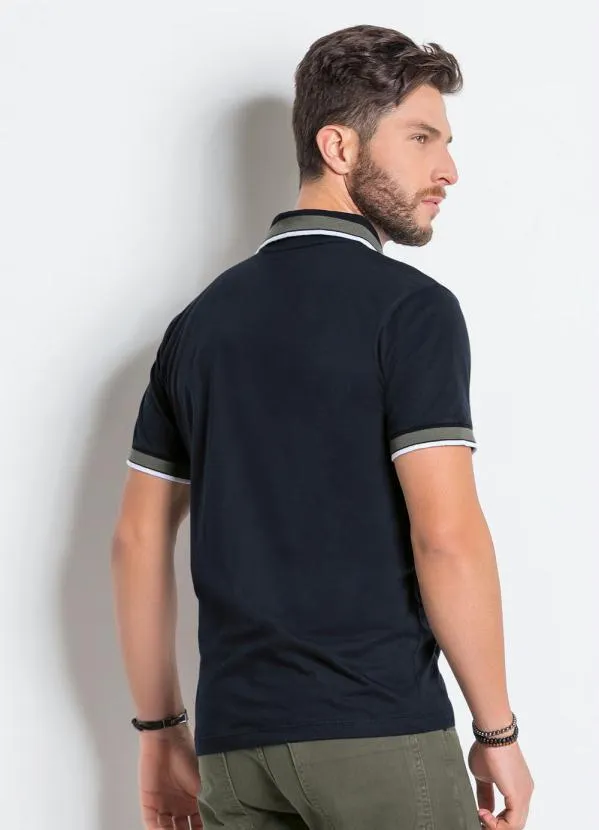 Actual - Camisa Polo Preta com Manga e Gola Contrastante 2