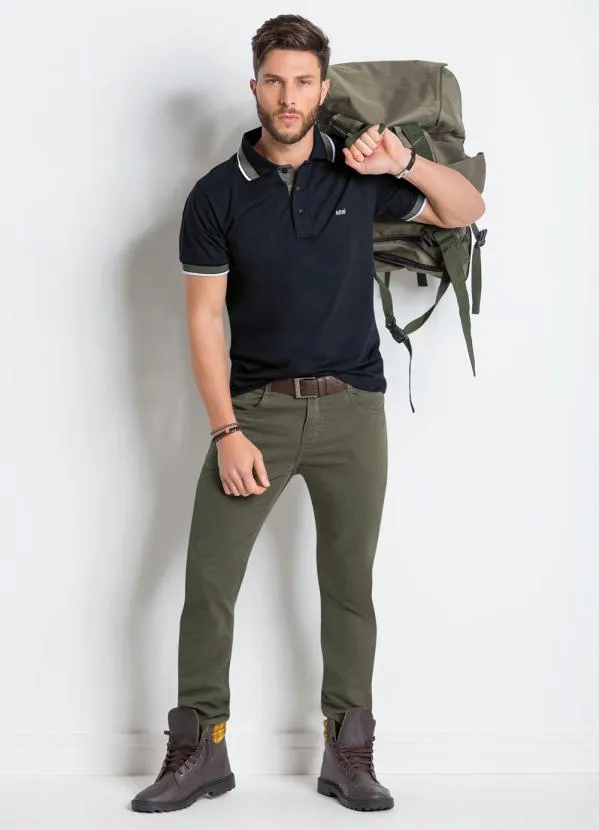 Actual - Camisa Polo Preta com Manga e Gola Contrastante 3