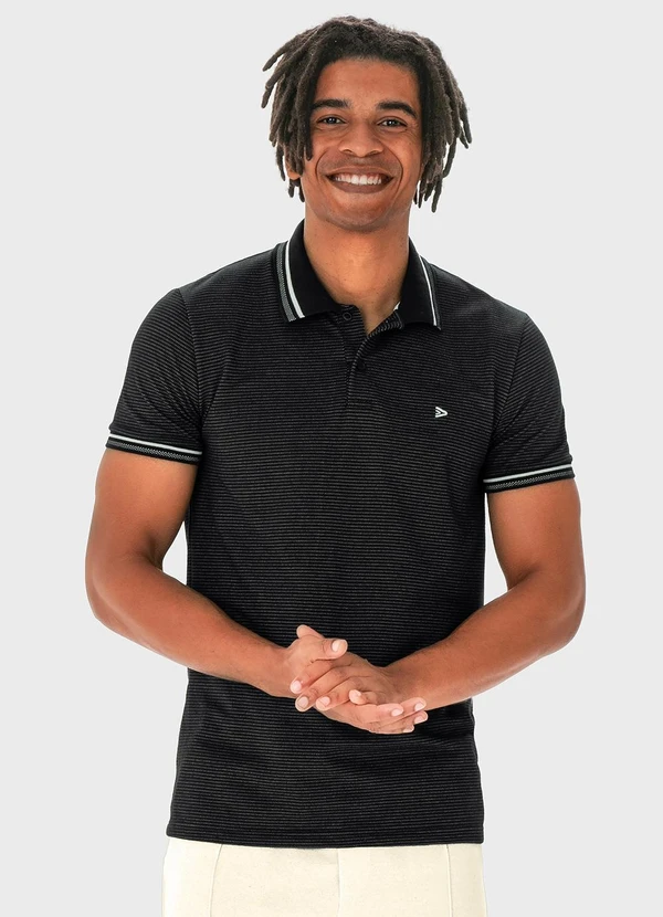 Malwee - Camisa Preto Polo Slim Listras