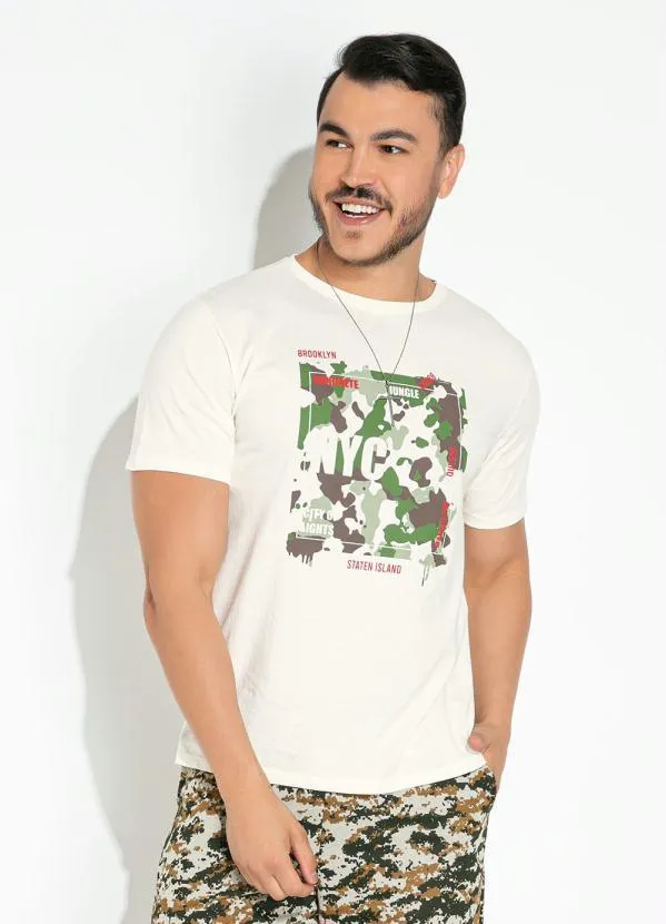 Moda Pop - Camisa Off White com Estampa Localizada