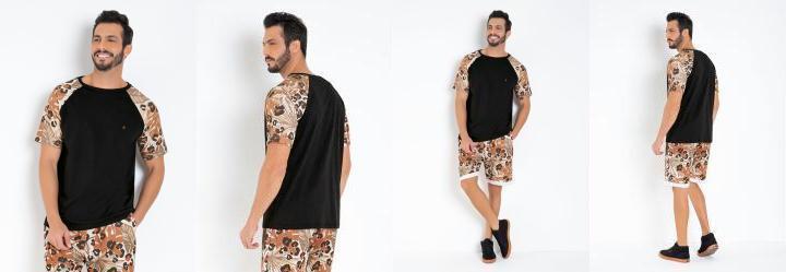 Camiseta Actual Preta com Mangas Estampadas