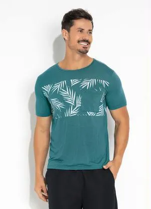 Moda Pop - Camiseta Azul com Estampa Frontal e Bolso - MODA POP