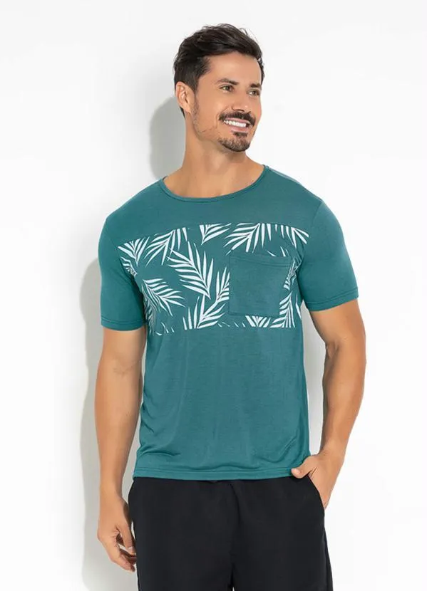 Moda Pop - Camiseta Azul com Estampa Frontal e Bolso
